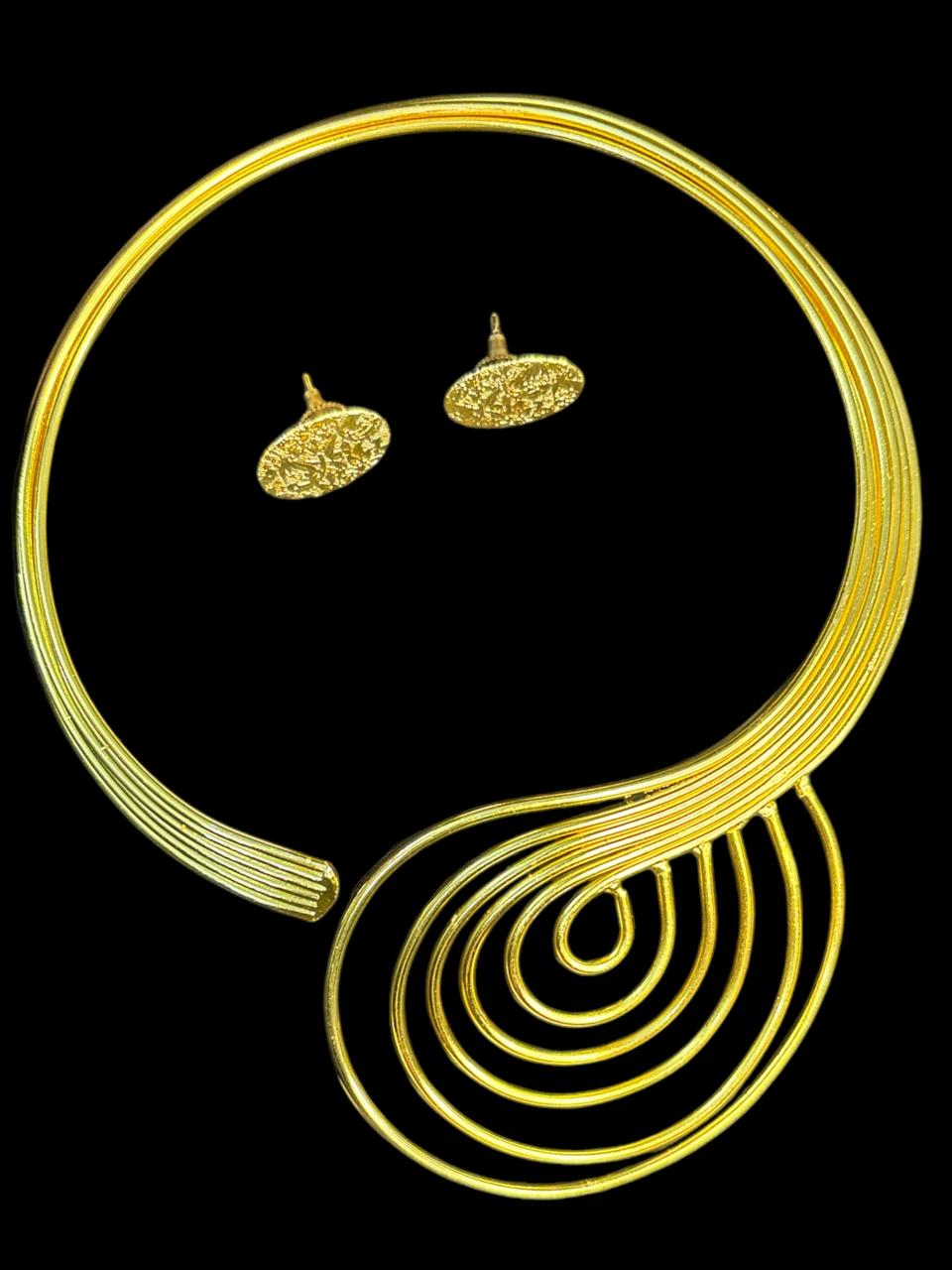 Spiral Gold Necklace and Textured Oval Earrings Set