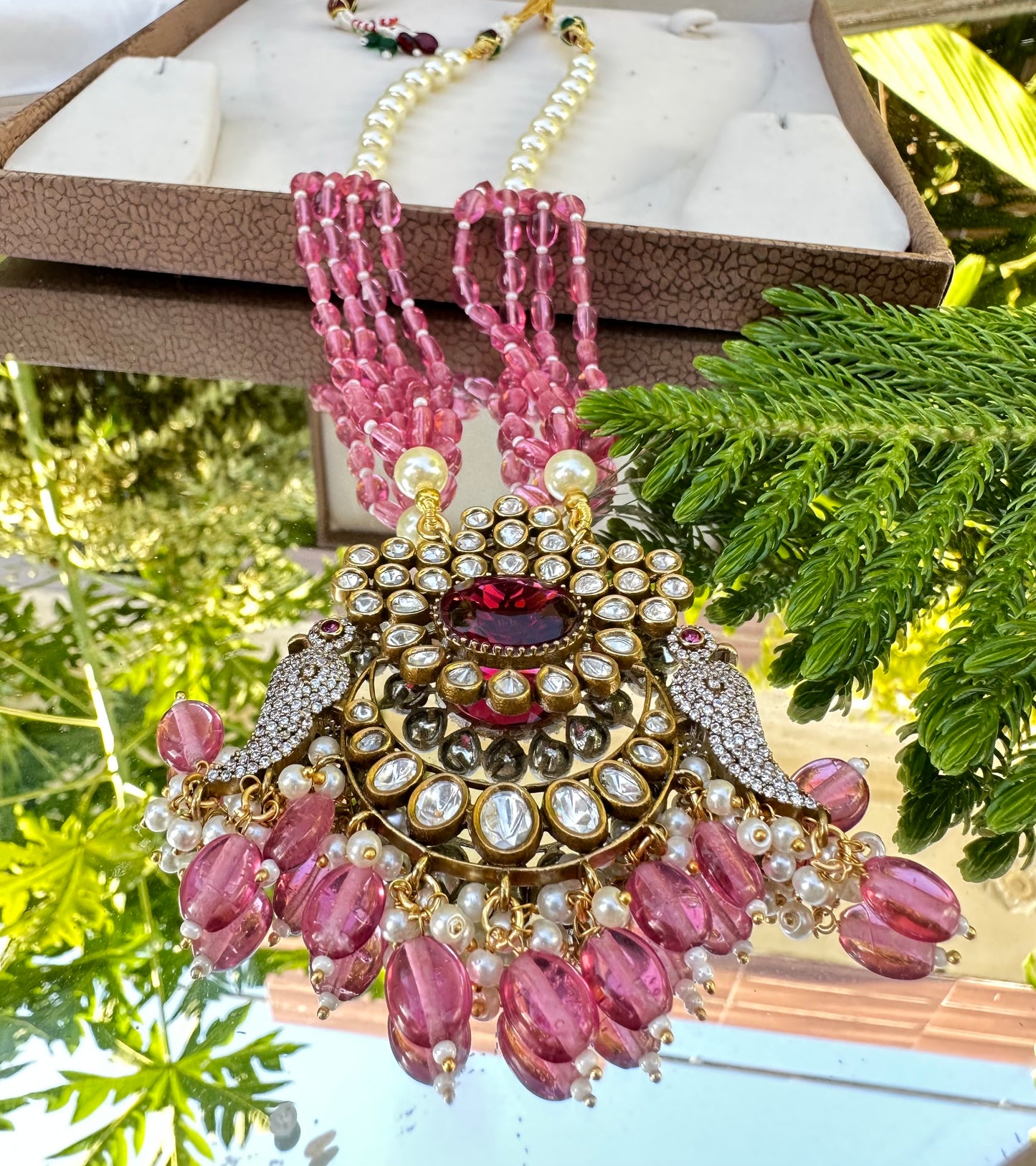 Kundan Bird Pink and White Enchantment Long Necklace