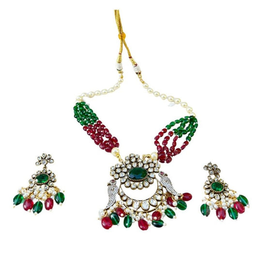 Kundan Bird Red and Green Symphony Long Necklace