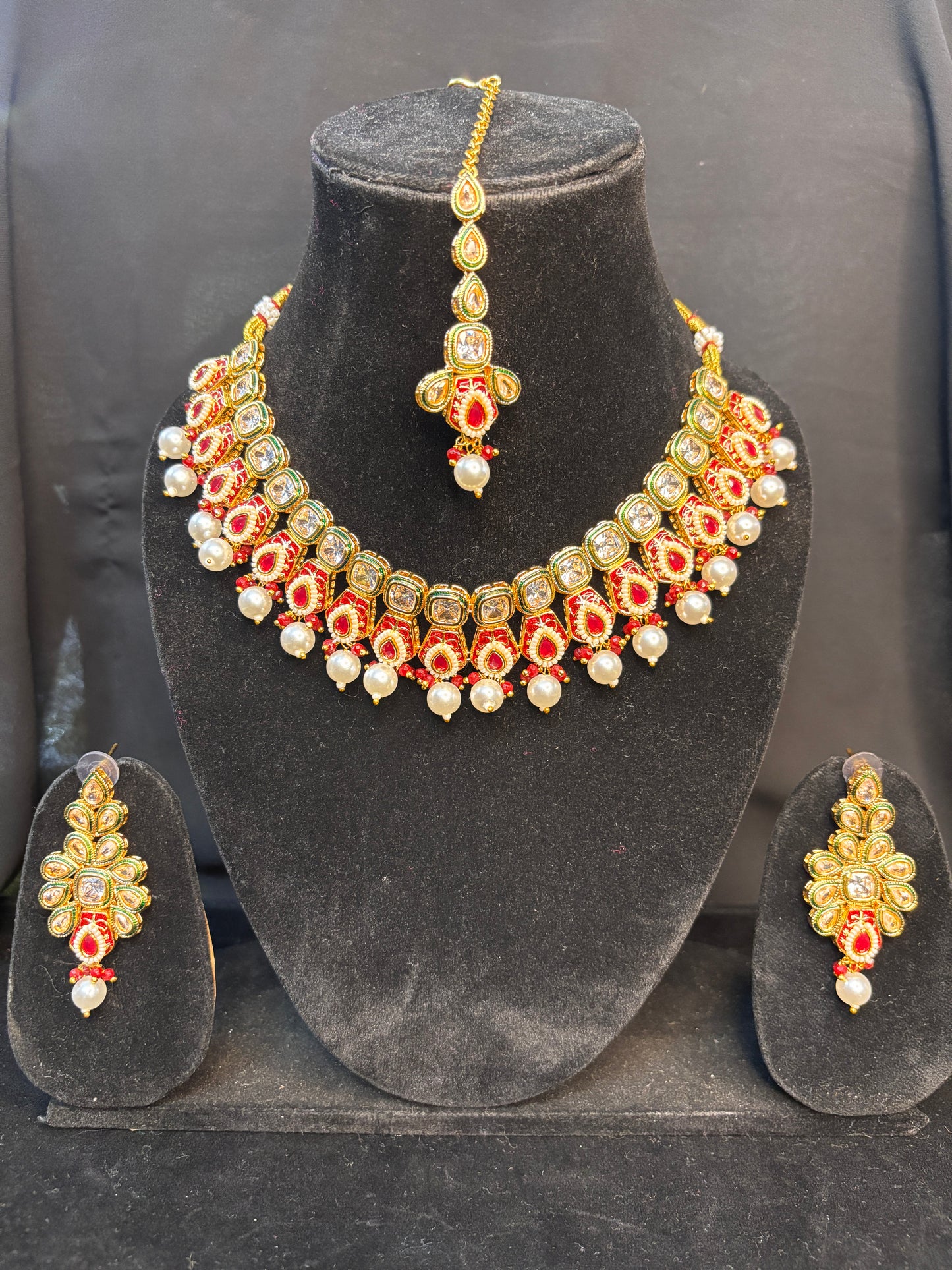 Red and White Kundan Jewelry Set