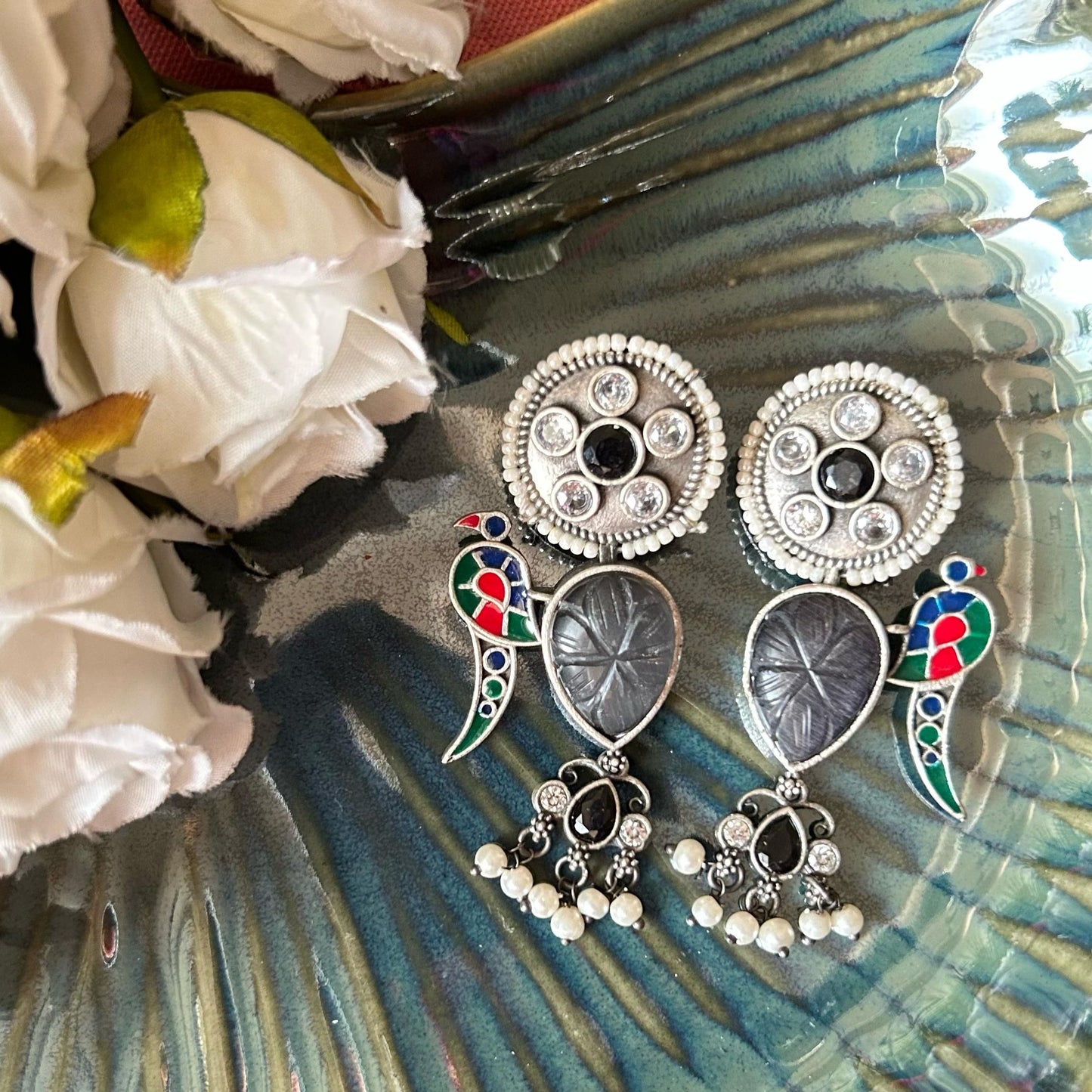 Black Parrot Silver Replica and Pearl Earrings