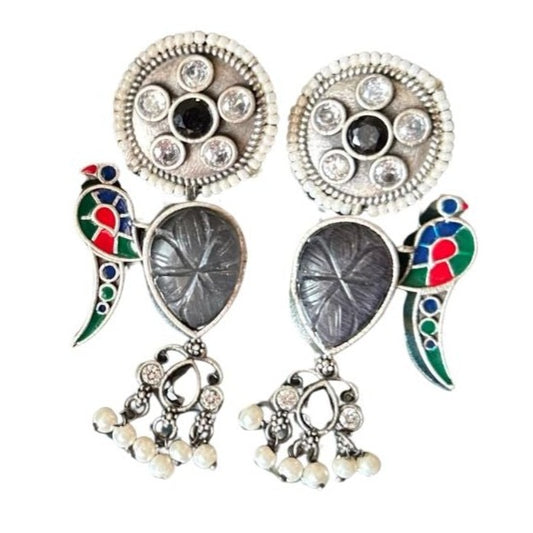 Black Parrot Silver Replica and Pearl Earrings